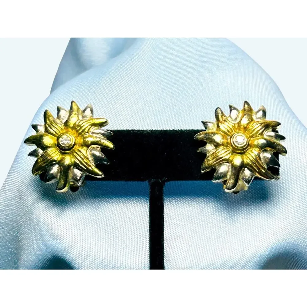 Vintage Sunburst Sunflower Earrings Clip On Gold And Silver Tone Sun Celestial